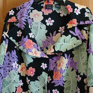 Tropical Print Blouse Crepe Top Long Sleeve Button Front Shirt Plus 26 W NWT